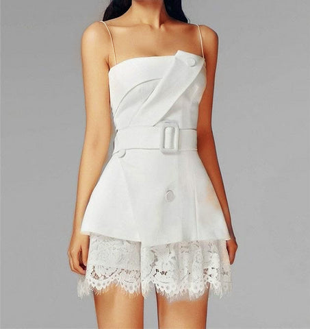 Kerry Belted Spaghetti Strap Top & Lace Shorts Set