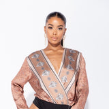 Sleek And Smooth Crossover Satin Long Sleeve Bodysuit