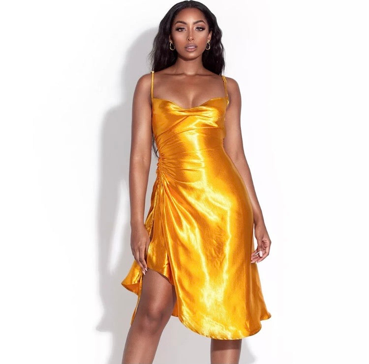 Money Gold  Spaghetti Strap Drawstring Mini Dress
