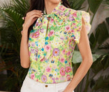Floral Spring Tie Neck Sleeveless Blouse