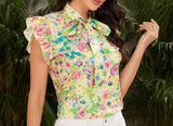 Floral Spring Tie Neck Sleeveless Blouse